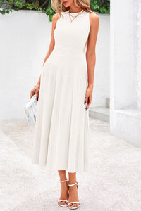 Sleeveless Crew Neck Knit A Line Pleated Swing Wedding Guest Casual Midi Dresses