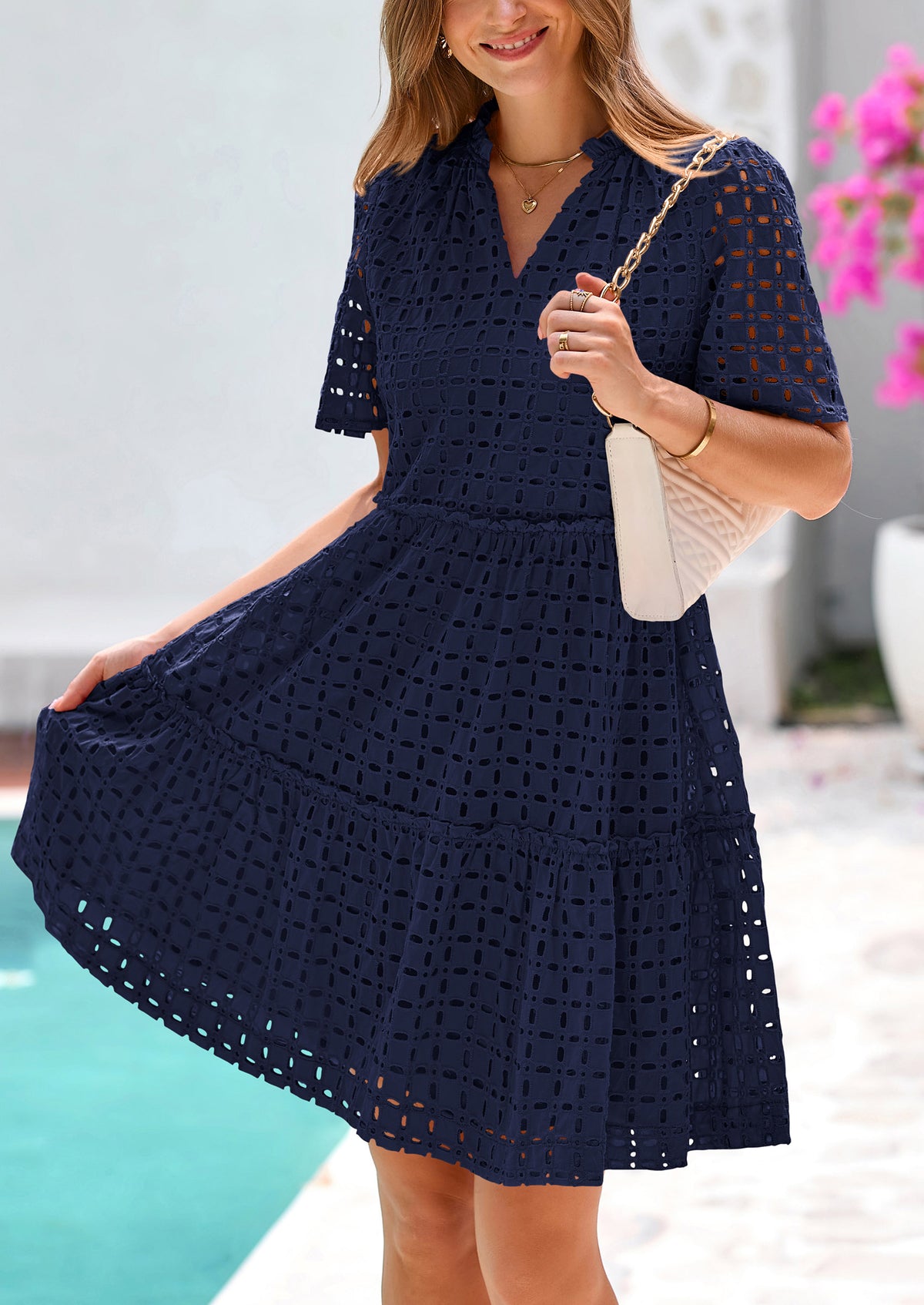 Short Sleeve V Neck Hollow Out Eyelet Ruffle A Line Swing Mini Dress
