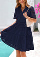 Short Sleeve V Neck Hollow Out Eyelet Ruffle A Line Swing Mini Dress