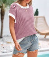 PRETTYGARDEN Womens Short Sleeve Sweater Spring Summer Round Neck Striped Pullover Cap Sleeve Knit Sweater Vest Tops