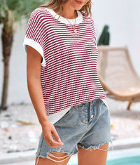 Short Sleeve Round Neck Striped Pullover Cap Sleeve Knit T-shirt