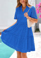Short Sleeve V Neck Hollow Out Eyelet Ruffle A Line Swing Mini Dress