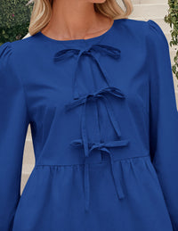 Babydoll Trendy 3/4 Length Puff Sleeve Bow Tie Front Cute Peplum Blouses