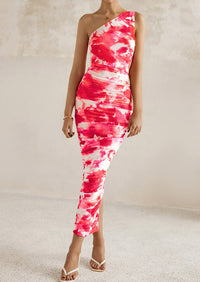One Shoulder Bodycon Printed Ruched Mesh Party Cocktail Fitted Long Dress