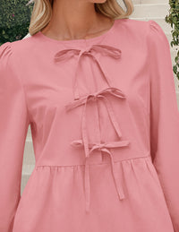 Babydoll Trendy 3/4 Length Puff Sleeve Bow Tie Front Cute Peplum Blouses