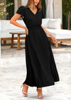 PRETTYGARDEN Women's Short Sleeve Button V Neck Casual Pleated Maxi Dresses