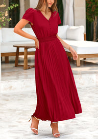 Casual Button V Neck Ruffle Cap Sleeve Long Flowy Pleated Maxi Dresses