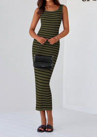 Casual Sleeveless Striped Ribbed Knit Beach Vacation Sundress Tank Midi Dress