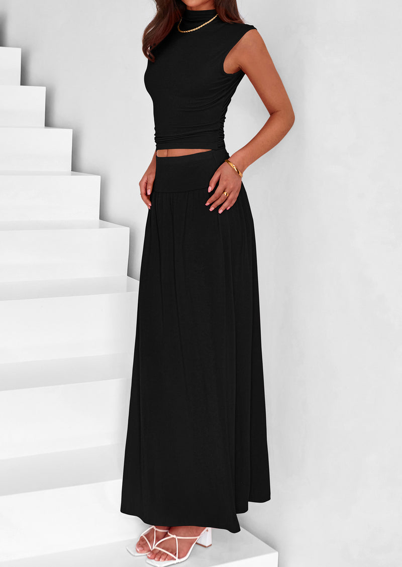 PRETTYGARDEN Skirt Sets Ruched Tank Tops Ruffle Maxi Skirts Wedding Guest Matching 2 Piece Outfits