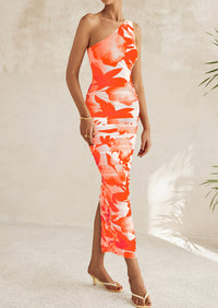 One Shoulder Bodycon Printed Ruched Mesh Party Cocktail Fitted Long Dress