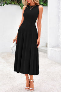 Sleeveless Crew Neck Knit A Line Pleated Swing Wedding Guest Casual Midi Dresses