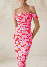 Ruched Bodycon Off Shoulder Floral Mesh Cocktail Party Fitted Maxi Dress