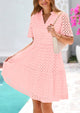 Short Sleeve V Neck Hollow Out Eyelet Ruffle A Line Swing Mini Dress