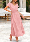 PRETTYGARDEN Women's Short Sleeve Button V Neck Casual Pleated Maxi Dresses