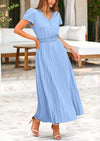 PRETTYGARDEN Women's Short Sleeve Button V Neck Casual Pleated Maxi Dresses