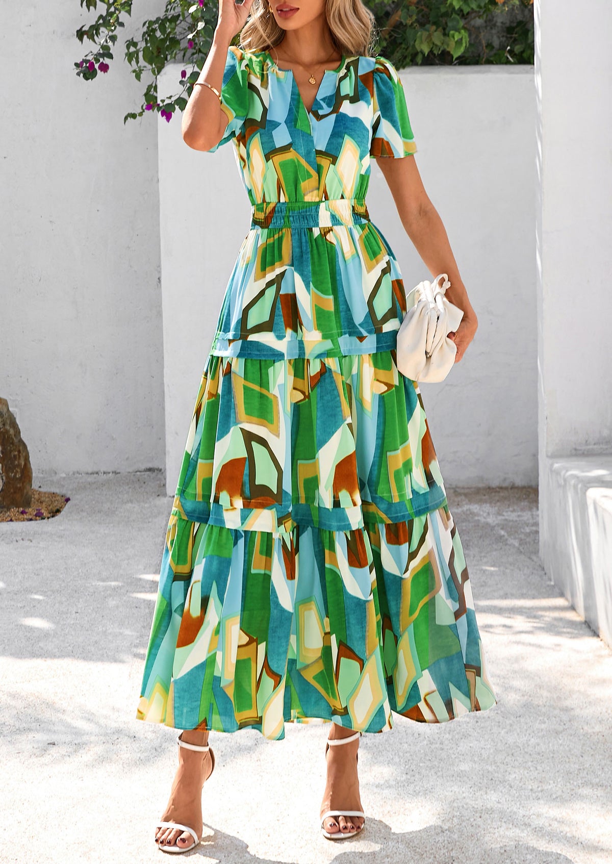 Boho Floral Short Sleeve V Neck A Line Tiered Ruffle Flowy Long Beach Vacation Maxi Dresses