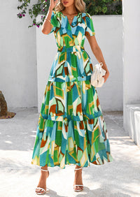 Boho Floral Short Sleeve V Neck A Line Tiered Ruffle Flowy Long Beach Vacation Maxi Dresses