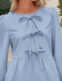 Babydoll Trendy 3/4 Length Puff Sleeve Bow Tie Front Cute Peplum Blouses