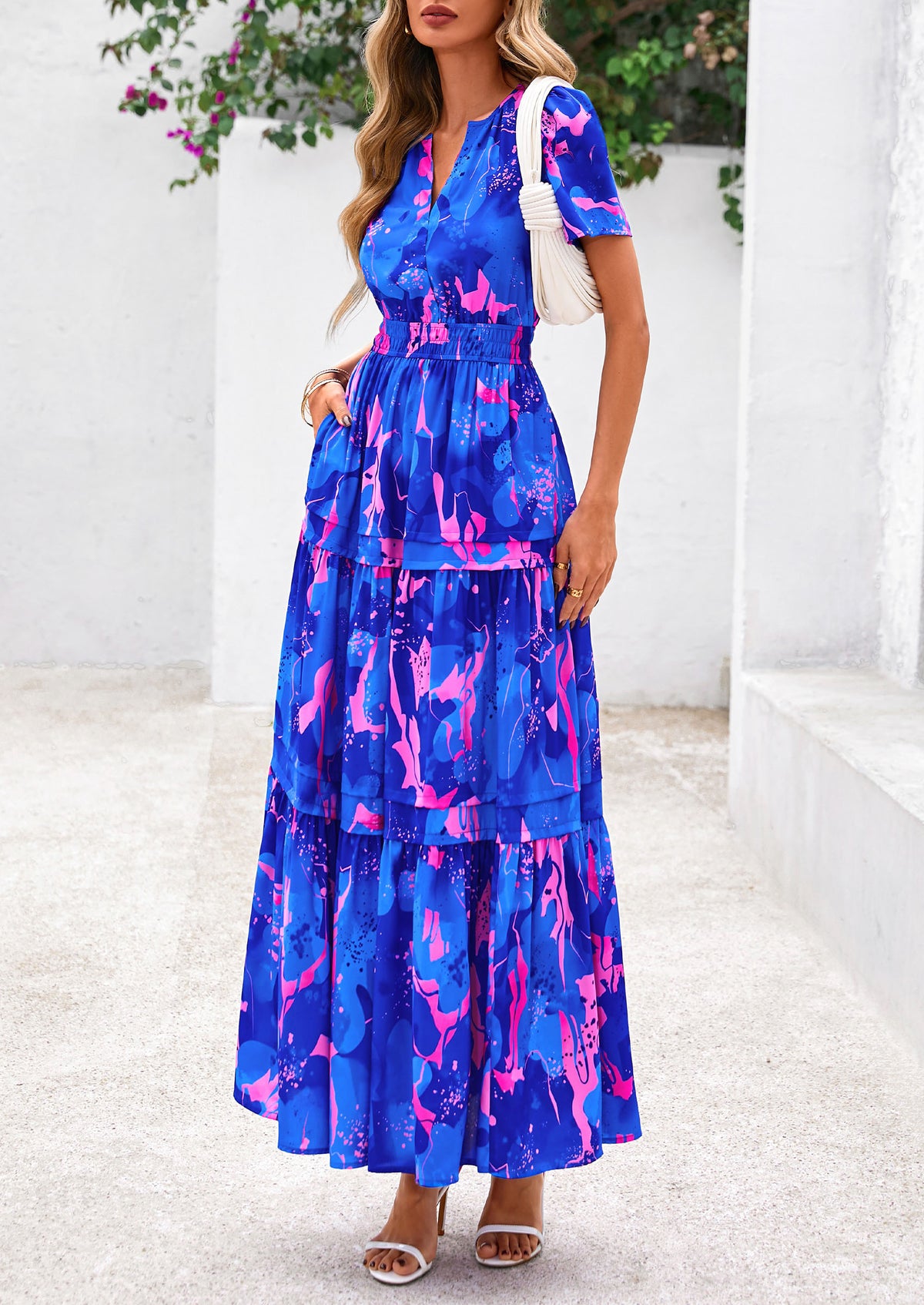 Boho Floral Short Sleeve V Neck A Line Tiered Ruffle Flowy Long Beach Vacation Maxi Dresses