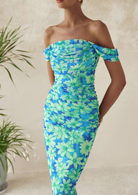 Ruched Bodycon Off Shoulder Floral Mesh Cocktail Party Fitted Maxi Dress