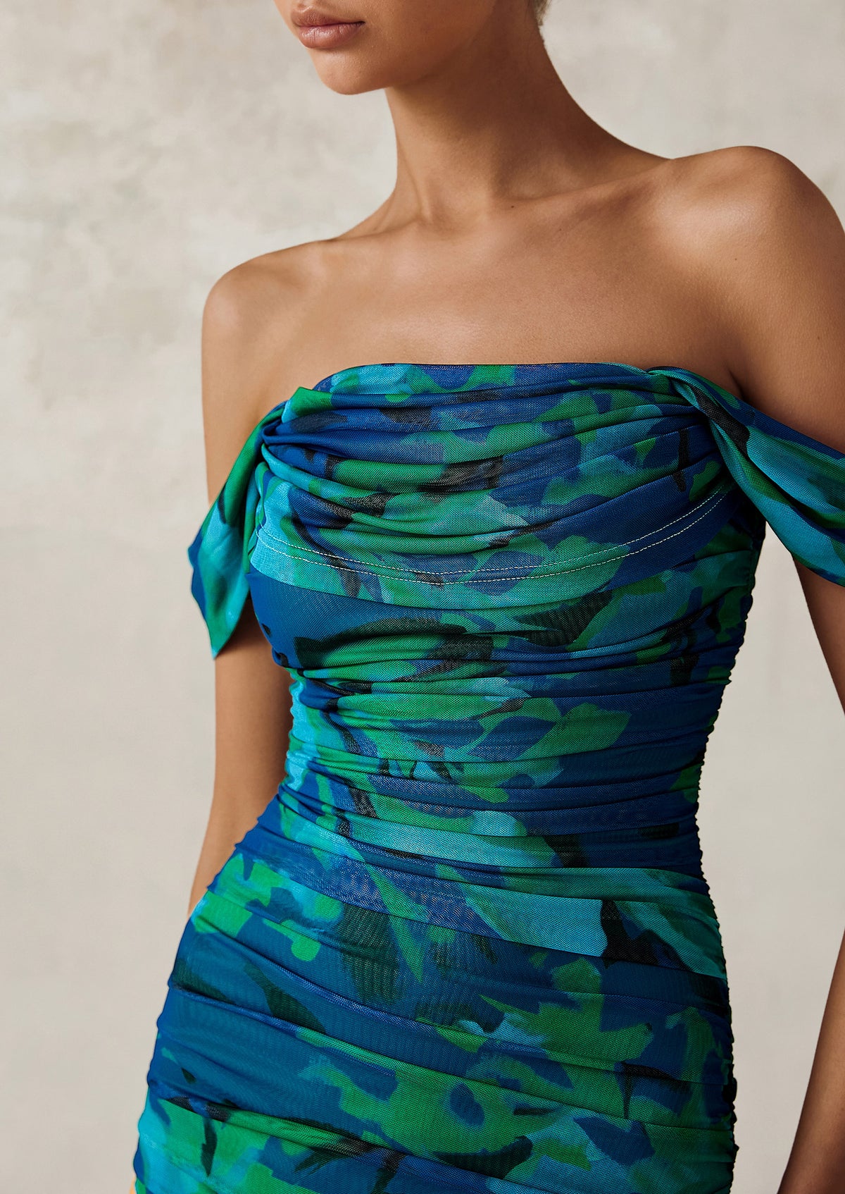 Ruched Bodycon Off Shoulder Floral Mesh Cocktail Party Fitted Maxi Dress