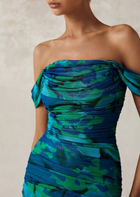 Ruched Bodycon Off Shoulder Floral Mesh Cocktail Party Fitted Maxi Dress