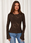 PRETTYGARDEN Womens Lace Long Bell Sleeve Tops Fall Sexy See Through Sheer Floral Blouse Shirt Fitted Going Out Outfits
