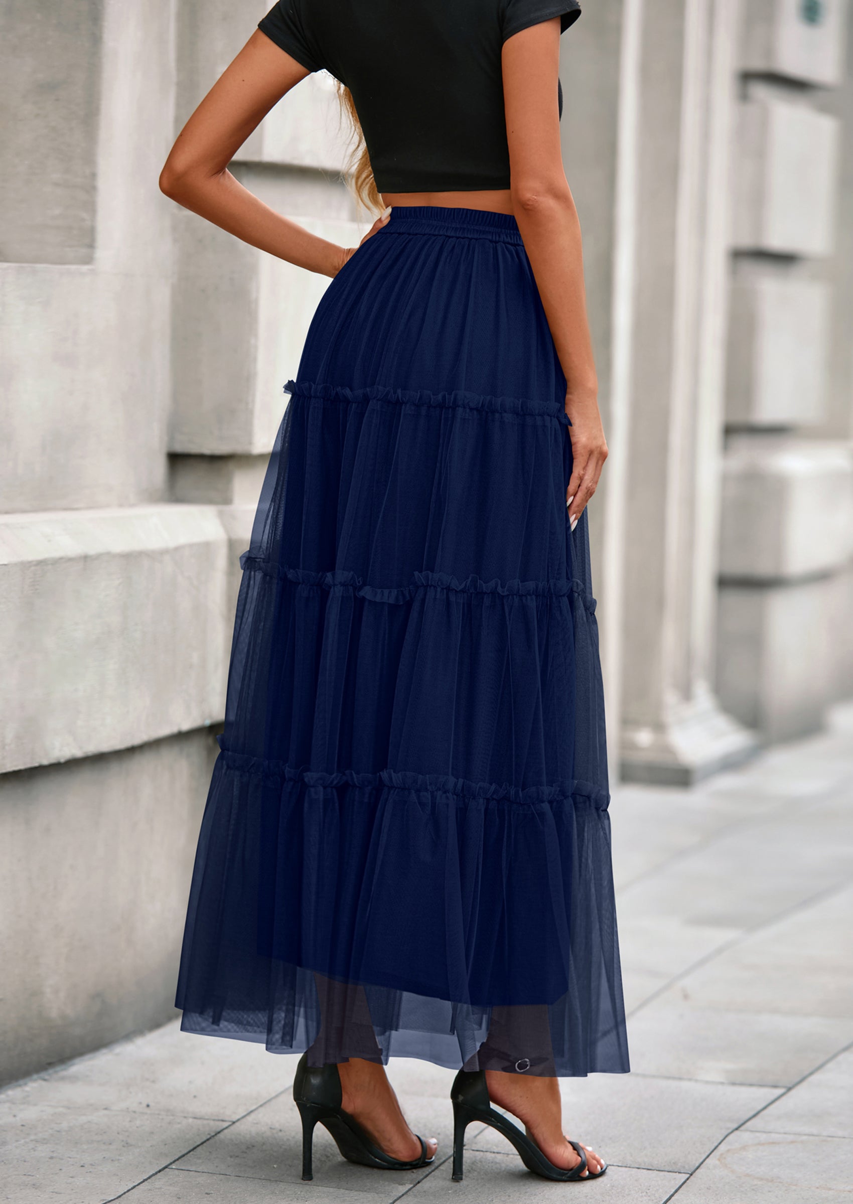 PRETTYGARDEN Maxi Skirts for Women Fall Tulle High Waisted Ruffle Flowy A-Line Long Skirt Country Concert Outfits