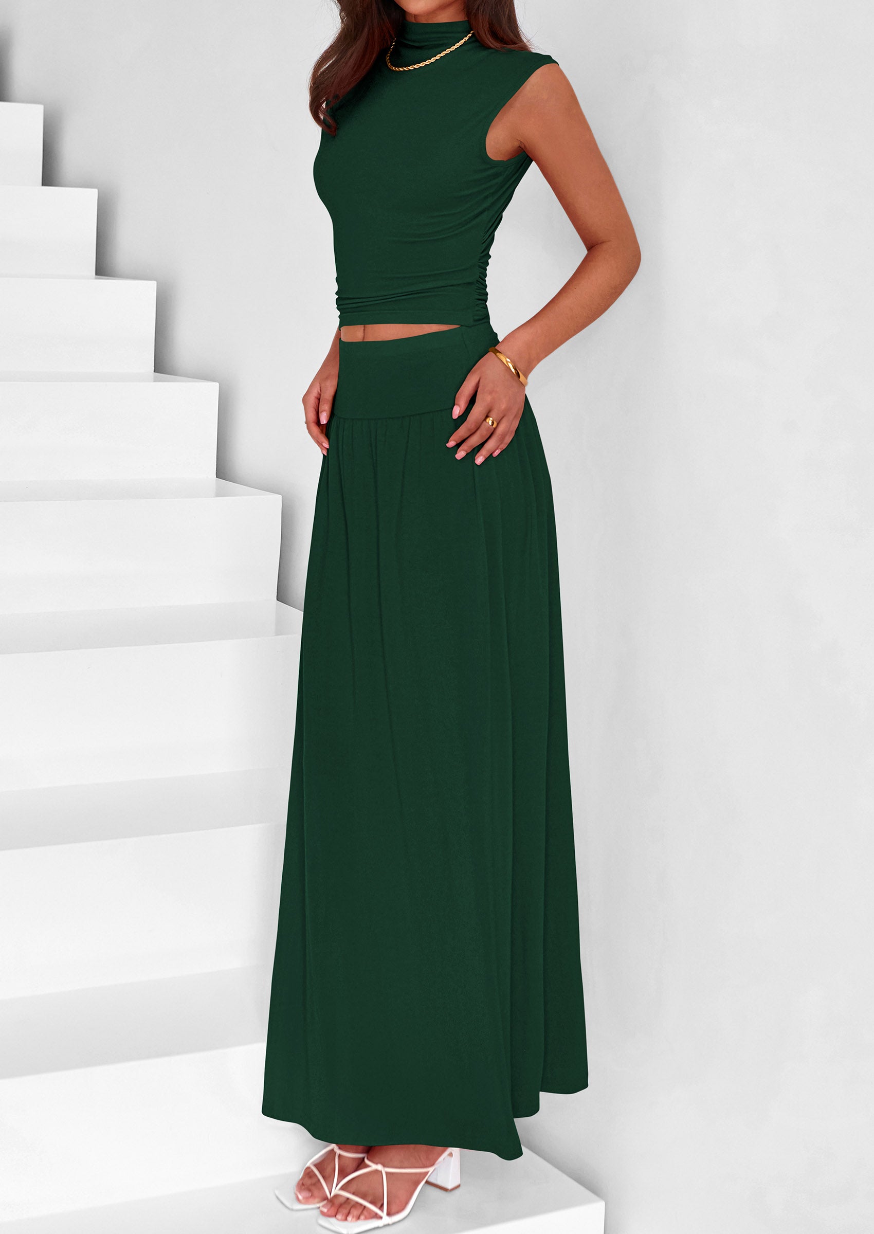 PRETTYGARDEN Skirt Sets Ruched Tank Tops Ruffle Maxi Skirts Wedding Guest Matching 2 Piece Outfits