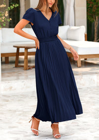 Casual Button V Neck Ruffle Cap Sleeve Long Flowy Pleated Maxi Dresses