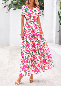 Boho Floral Short Sleeve V Neck A Line Tiered Ruffle Flowy Long Beach Vacation Maxi Dresses