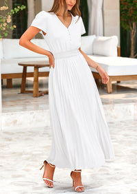 Casual Button V Neck Ruffle Cap Sleeve Long Flowy Pleated Maxi Dresses