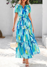 Boho Floral Short Sleeve V Neck A Line Tiered Ruffle Flowy Long Beach Vacation Maxi Dresses