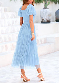 Smocked Tulle Puffy Short Sleeve Square Neck Ruffle Midi Dresses