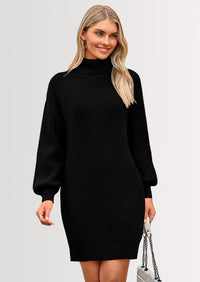 PRETTYGARDEN Sweater Dress for Women Long Puff Sleeve Turtleneck Ribbed Knit Oversized Pullover Winter Short Dress