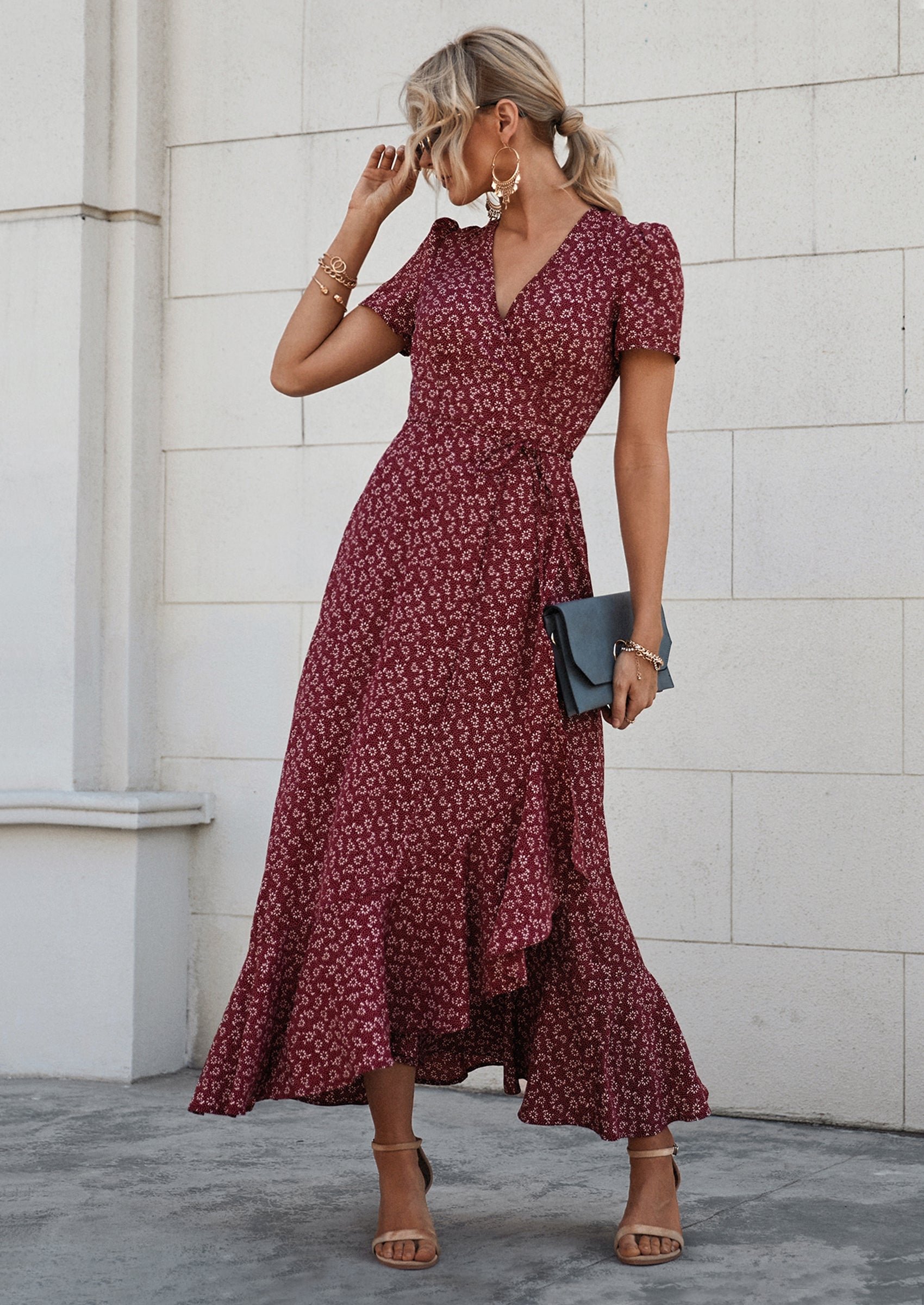 Polka Dot/ Floral V Neck Short Sleeve Wrap Ruffle Hem Split Long Dresses  freeshipping - PRETTYGARDEN