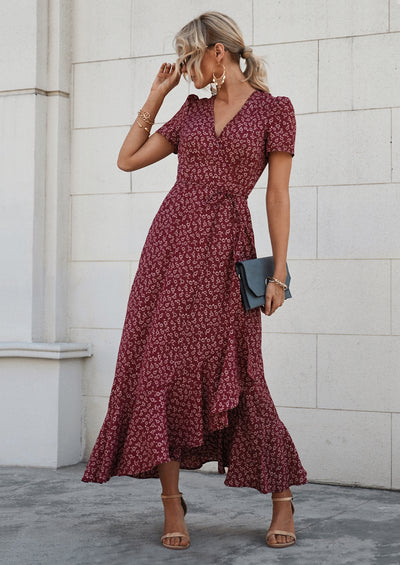 PRETTYGARDEN Women's Summer Maxi Dress Casual Wrap Floral Boho Short Sleeve V Neck Split Ruffle Beach Long Dresses
