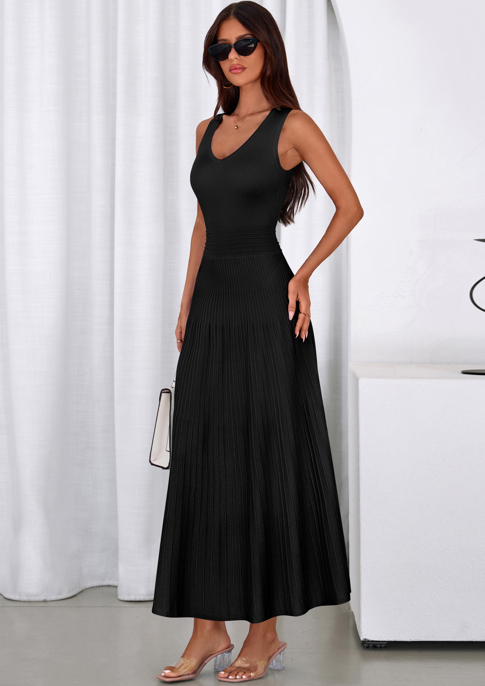 PRETTYGARDEN Women's Summer Casual Dresses Spring Sleeveless V Neck Midi Business Work A Line Pleated Cocktail Dress PRETTYGARDEN