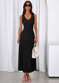 PRETTYGARDEN Women's Summer Casual Dresses Spring Sleeveless V Neck Midi Business Work A Line Pleated Cocktail Dress PRETTYGARDEN