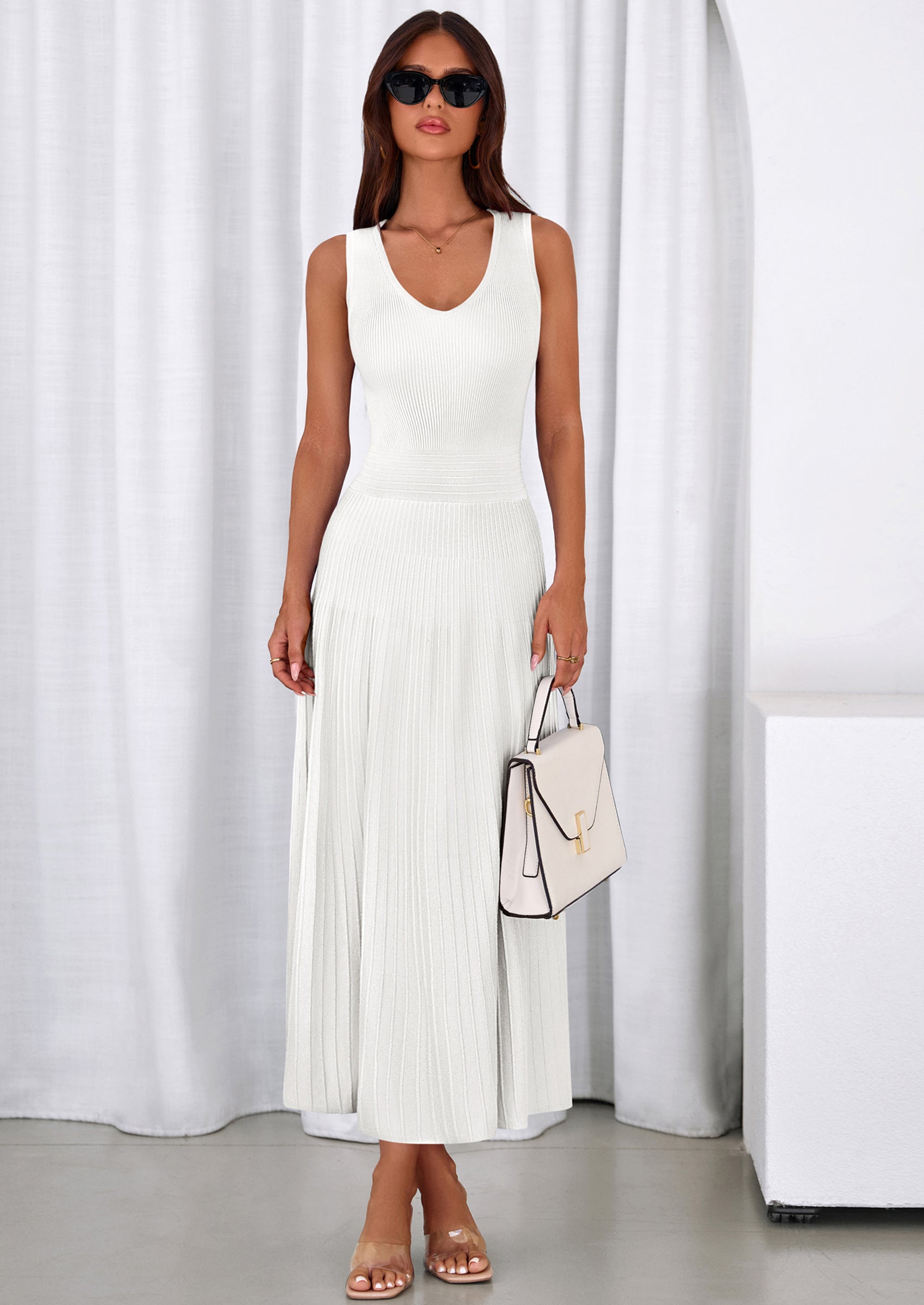 PRETTYGARDEN Women's Summer Casual Dresses Spring Sleeveless V Neck Midi Business Work A Line Pleated Cocktail Dress PRETTYGARDEN