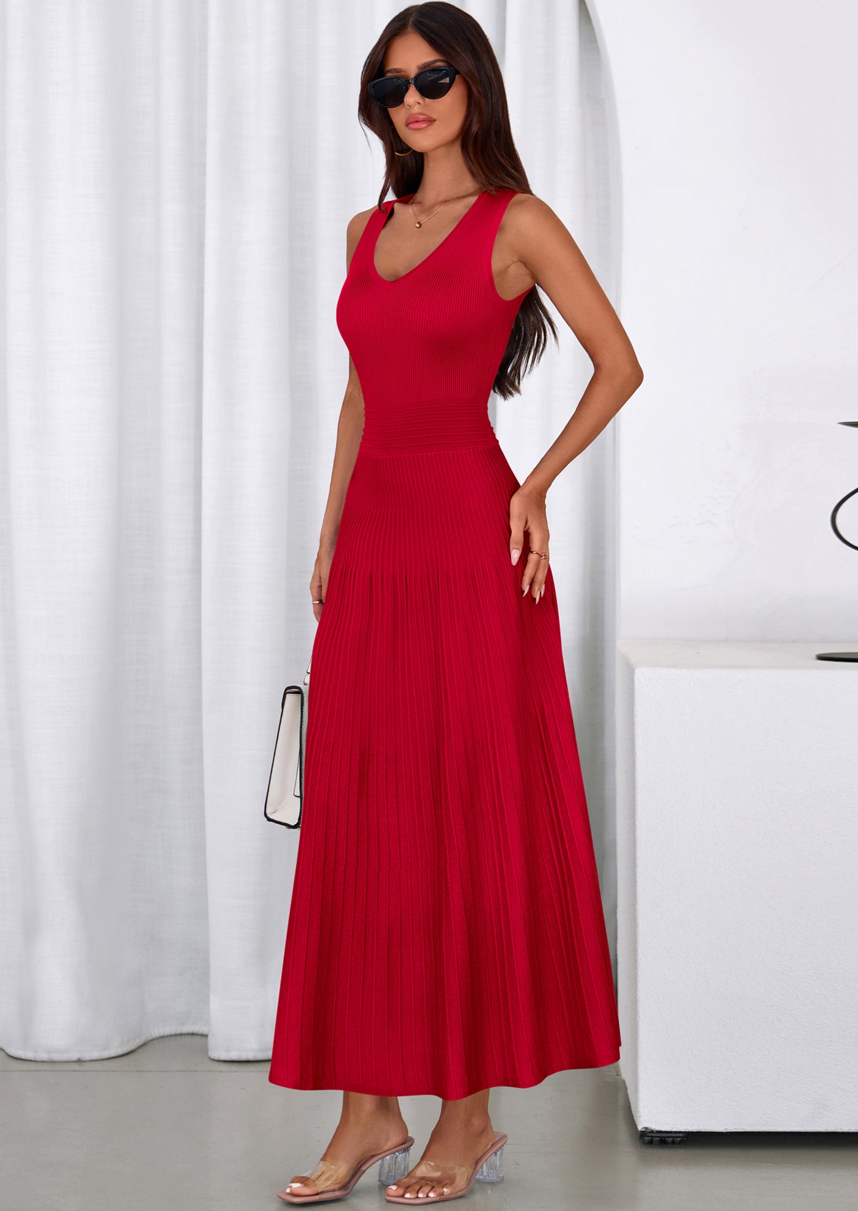 PRETTYGARDEN Women's Summer Casual Dresses Spring Sleeveless V Neck Midi Business Work A Line Pleated Cocktail Dress PRETTYGARDEN