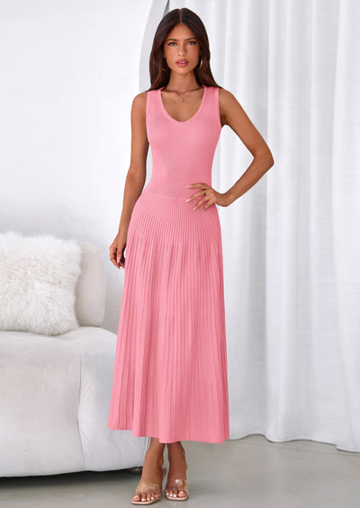 PRETTYGARDEN Women's Summer Casual Dresses Spring Sleeveless V Neck Midi Business Work A Line Pleated Cocktail Dress PRETTYGARDEN