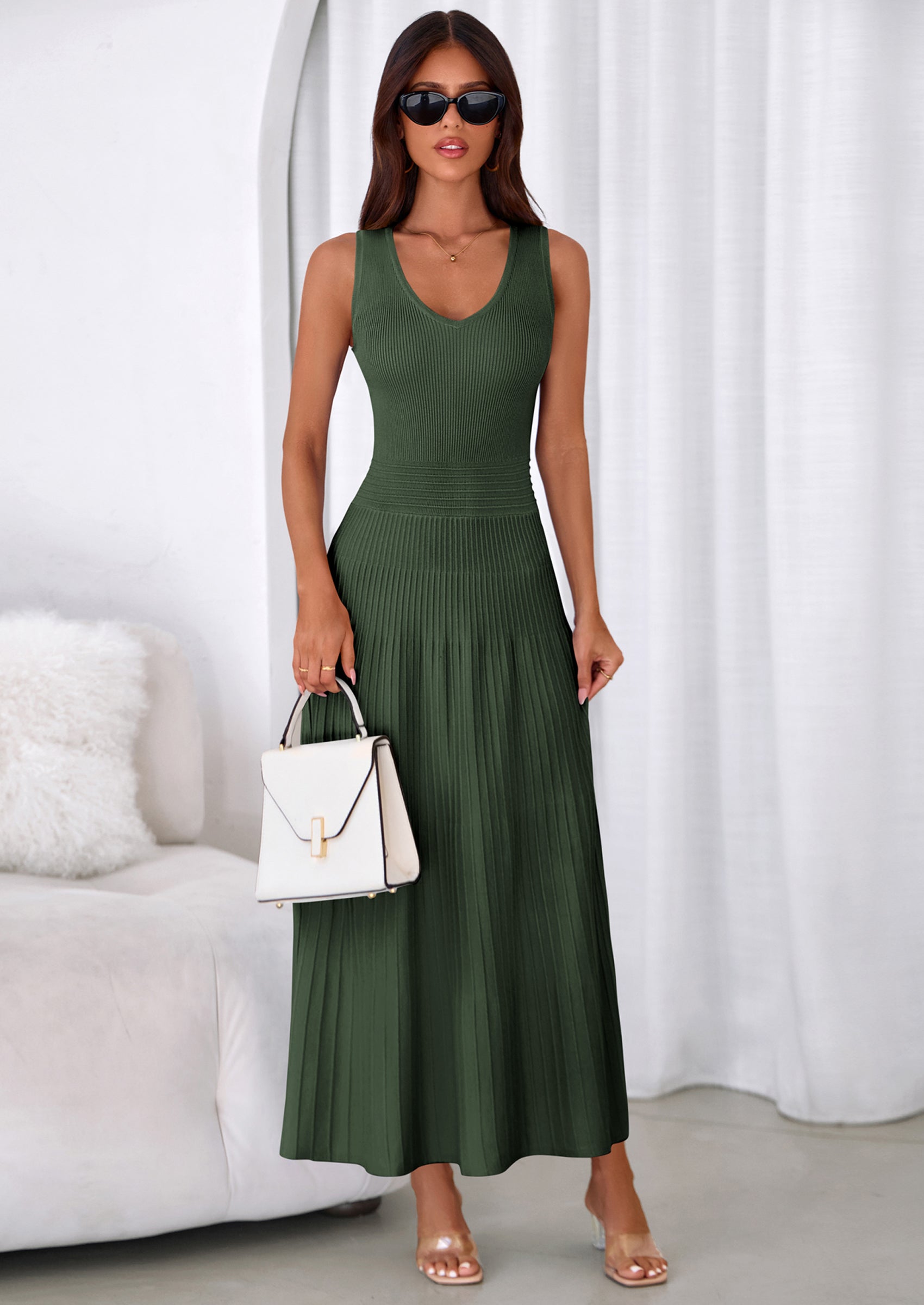 PRETTYGARDEN Women's Summer Casual Dresses Spring Sleeveless V Neck Midi Business Work A Line Pleated Cocktail Dress PRETTYGARDEN