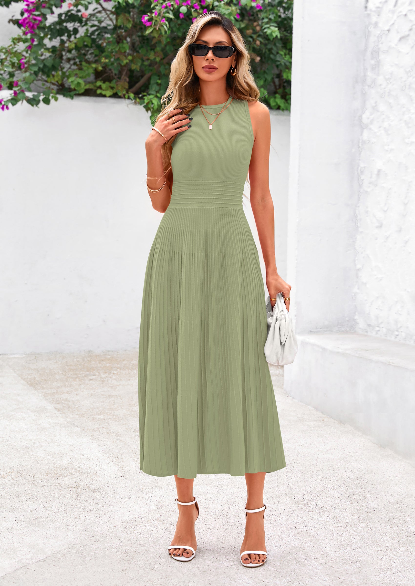 Prettygarden Spring Casual Dresses for Women Summer Business Work Midi Sleeveless A Line Pleated Cocktail Dress - Mist Green / XL PRETTYGARDEN Spring Casual Dresses for Women Summer Business Work Midi