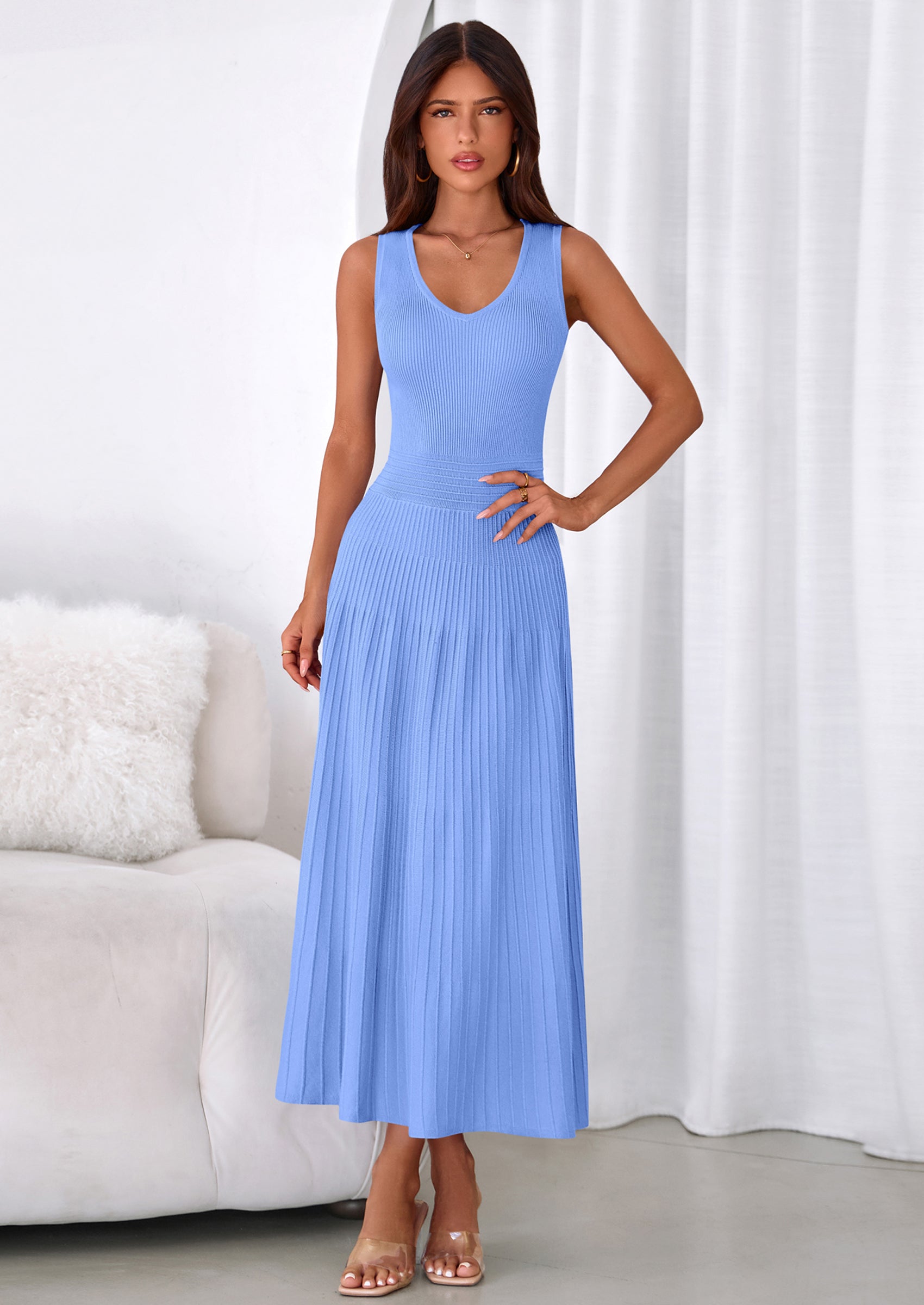 PRETTYGARDEN Women's Summer Casual Dresses Spring Sleeveless V Neck Midi Business Work A Line Pleated Cocktail Dress PRETTYGARDEN