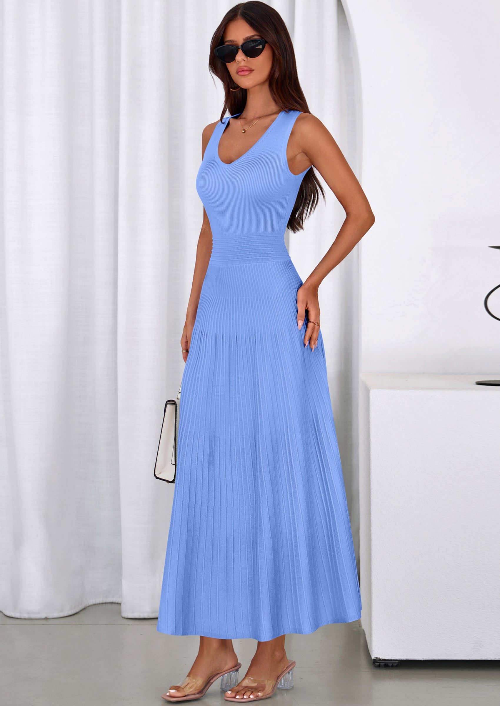 PRETTYGARDEN Women's Summer Casual Dresses Spring Sleeveless V Neck Midi Business Work A Line Pleated Cocktail Dress PRETTYGARDEN