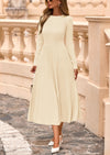 PRETTYGARDEN Women's Long Sleeve Midi Sweater Dress Fall Crewneck Knit A Line Pleated Wedding Guest Winter Dresses