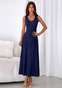 PRETTYGARDEN Women's Summer Casual Dresses Spring Sleeveless V Neck Midi Business Work A Line Pleated Cocktail Dress PRETTYGARDEN