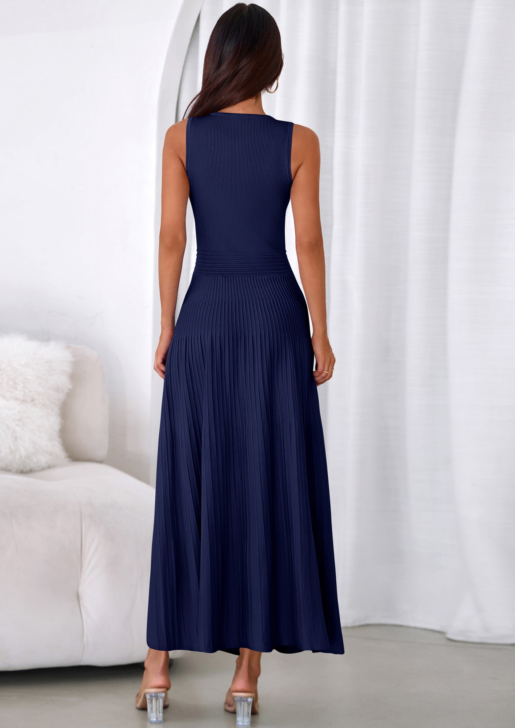 PRETTYGARDEN Women's Summer Casual Dresses Spring Sleeveless V Neck Midi Business Work A Line Pleated Cocktail Dress PRETTYGARDEN