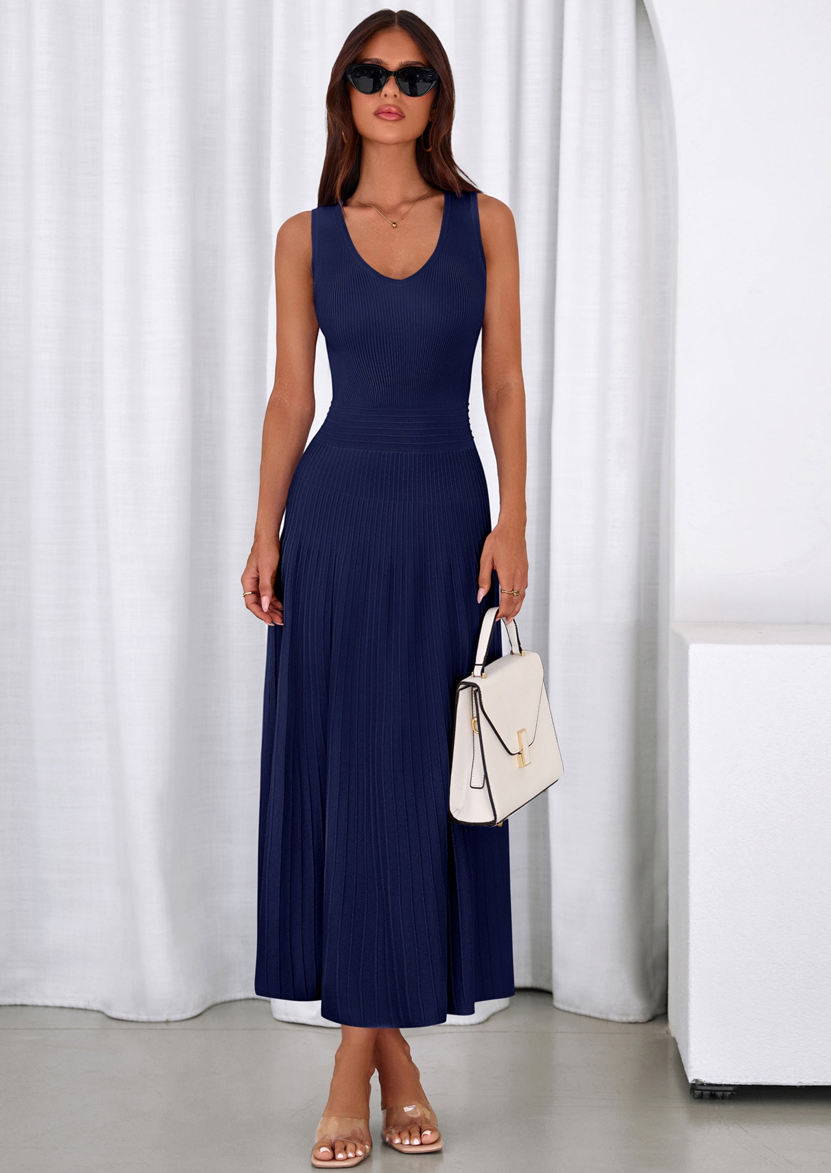 PRETTYGARDEN Women's Summer Casual Dresses Spring Sleeveless V Neck Midi Business Work A Line Pleated Cocktail Dress PRETTYGARDEN